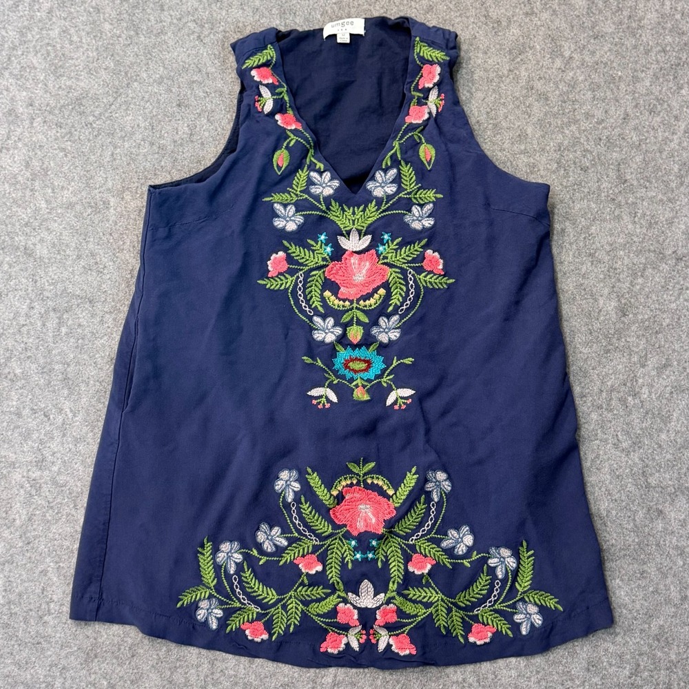Umgee Navy Blue Floral Embroidered Boho Brunch Sheath Dress Women's Size Medium